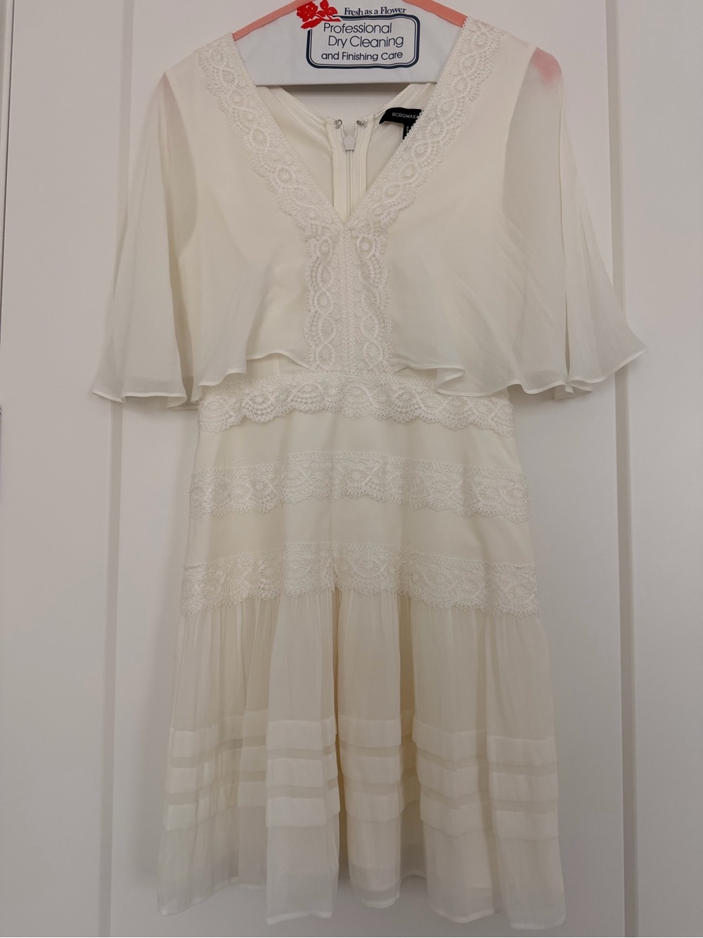 BCBGMaxAzria Ivory Chiffon Lace-Trim Mini Dress